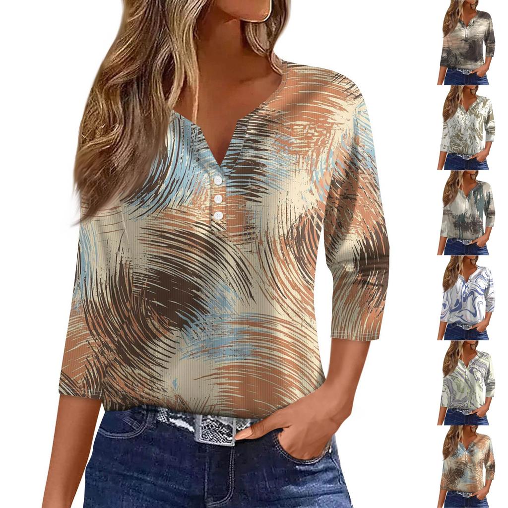 Damski T-shirt Koszulka Nadruk Guzik Rękaw 3/4 Tunika Codzienna Weekendowa Moda Podstawowy Dekolt V Regularny Top