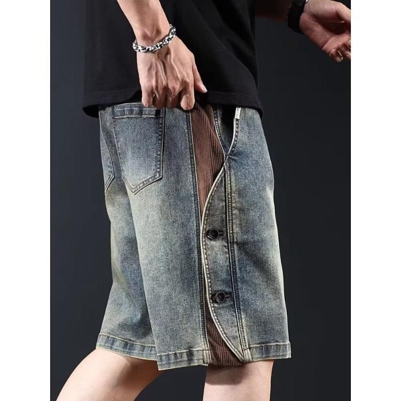 Mens Vintage Washed Denim Shorts Casual Elastic Waist Drawstring Knee Length Pants