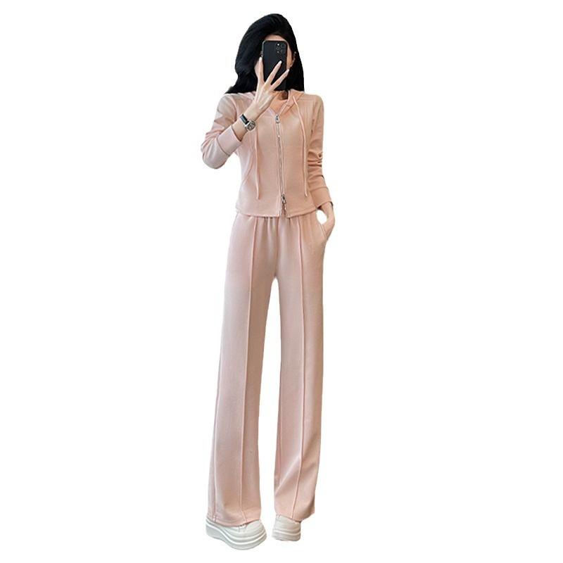 Fashionable Temperament Suit, Lazy Style Hooded Slim Fit Zipper Sweatshirt Casual Wide-leg Pants Two-piece Set
