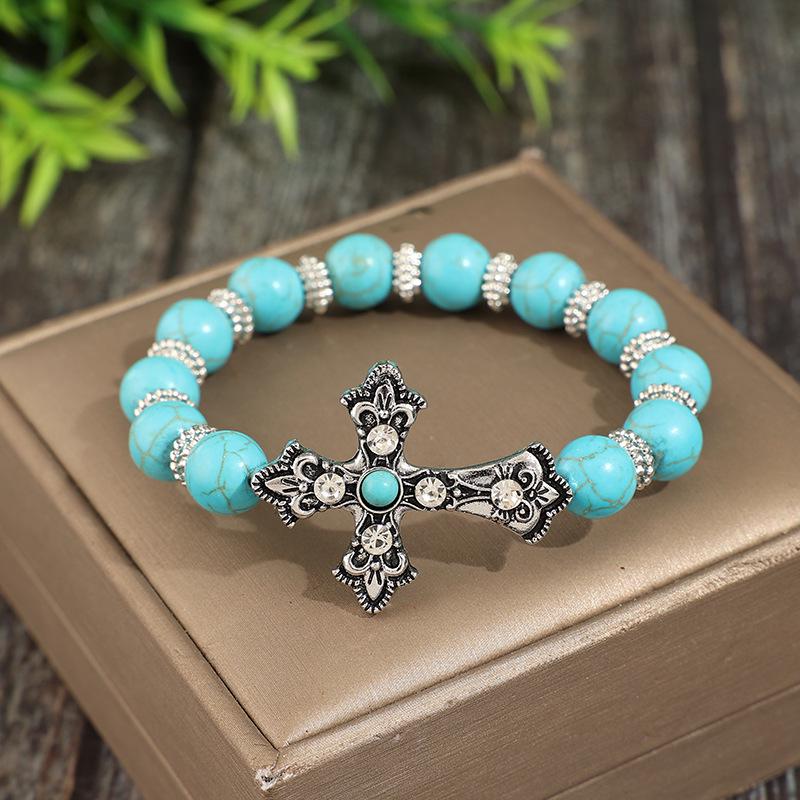 Turquoise Beaded Cross Bracelet: Retro Western Cowboy Style for Women