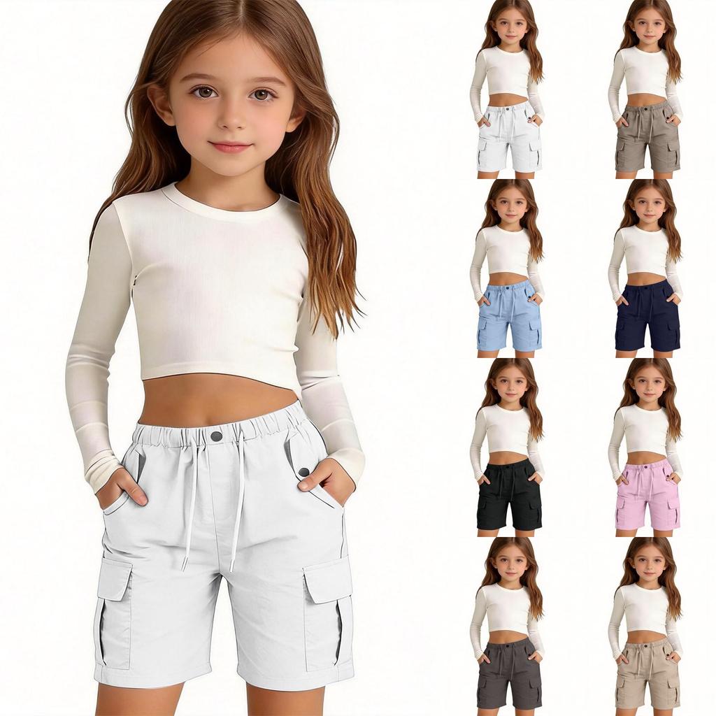 Girls Casual Cargo Shorts with Drawstring Waist Adjustable Fit Multi Pocket Design Lightweight Breathable Fabric Suitable for Everyday Wear