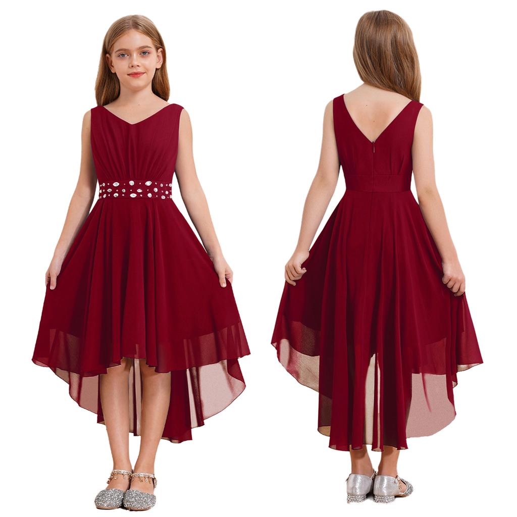 Kids Big Girl Sleeveless Pleated Chiffon Flower Wedding Bridesmaid Formal Party Dress First Communion Dress