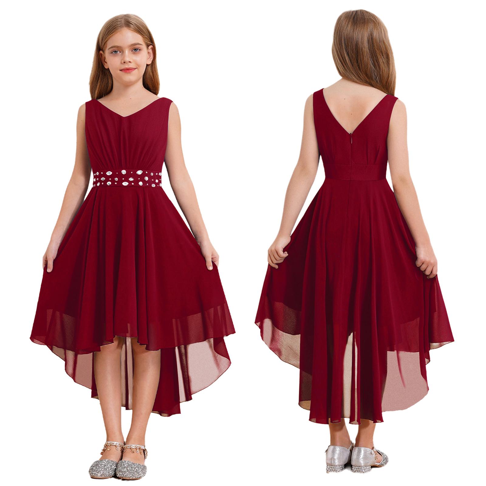 

Вечернее платье для девочек, платье с тонкой талией, блестящее праздничное платье с бисером, шифоновое платье для девочек с цветочным узором, свадебная вечеринка 15-16 Years бордовый