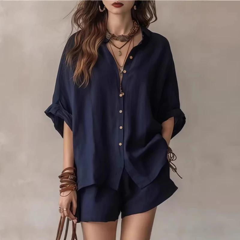 Set Estivo da Donna Tinta Unita Monopetto Manica Corta Camicia Pantaloncini Set Due Pezzi