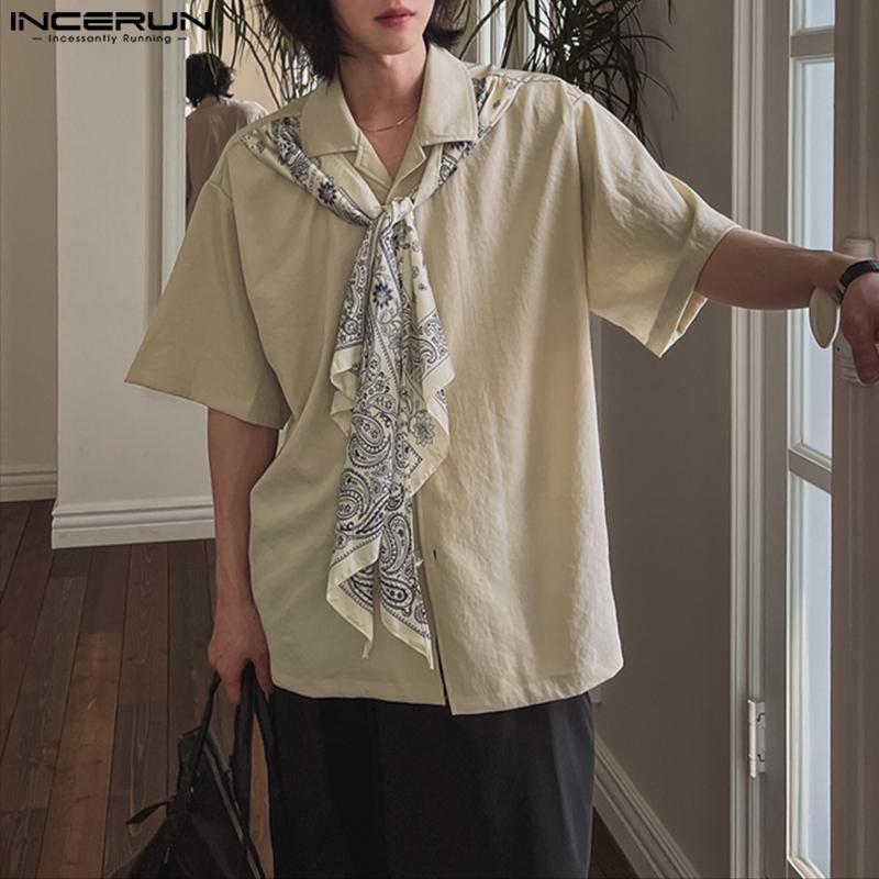 INCERUN Oversized Men Casual Lapel Scarf Neck Short Sleeve Shirts