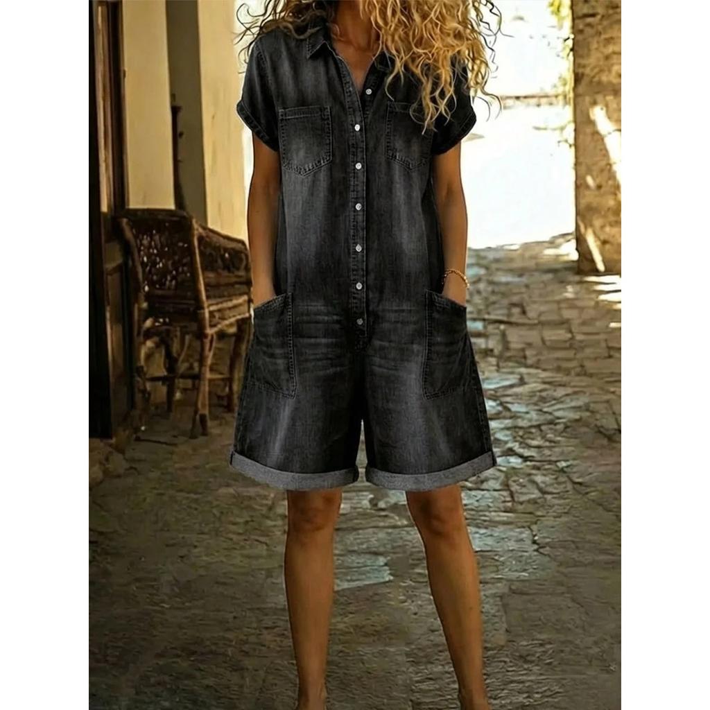 Women's Lapel Short Sleeve Button Down Multi Pocket Cuffed Hem Denim Romper Jumpsuit
