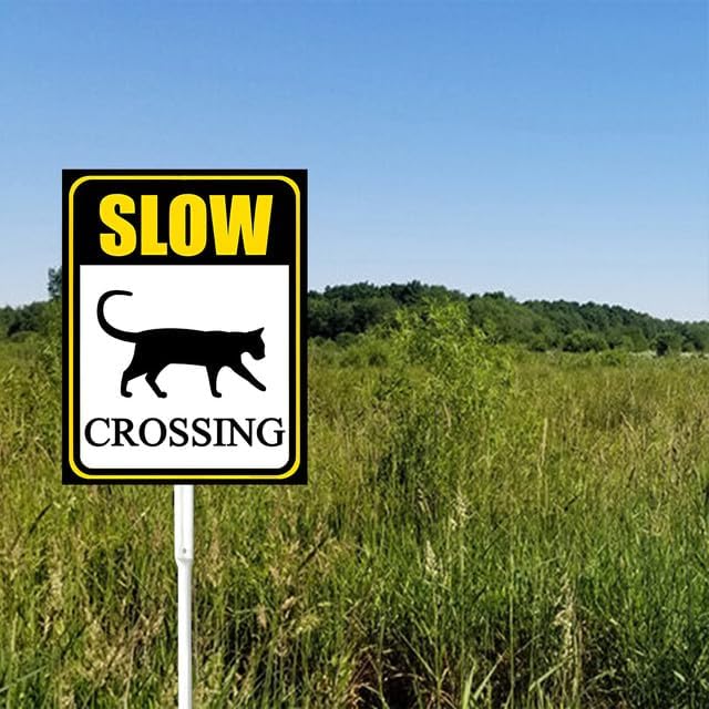 Bidesign (8X12) IN Slow Down Cat Crossing Yard Sign With Stake Warning Slow Lawn Sign Stand For Traffic Rustproof Aluminum For Home Street