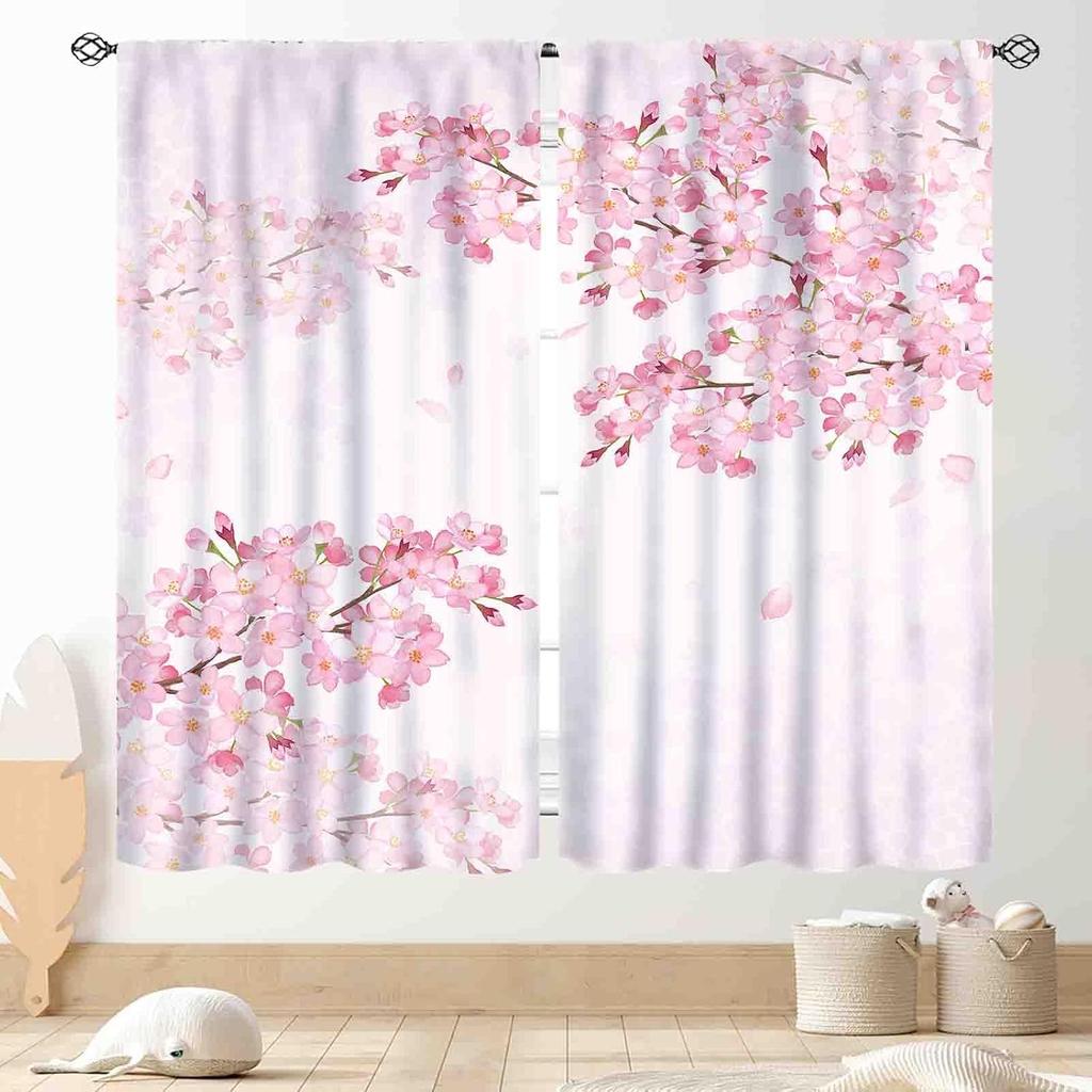 Japanese Curtains Traditional Ink Painting Red Floral Plum Cherry Blossom Asian Style Nature Mountains Landscape Window Drapes Curtain Polyester