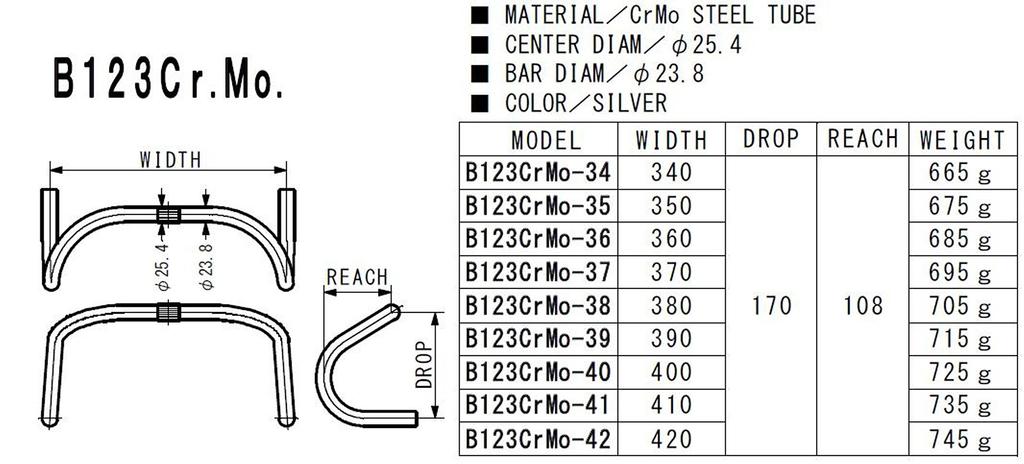 NITTO Drop Handle Chromium Molybdenum B123 360 Silver B123CrMo-36 25.4