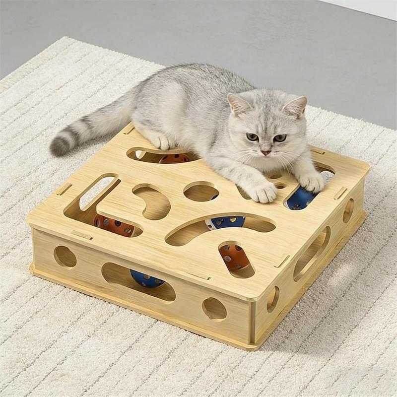 Stable Interactively Wooden Cats Scratching Toy Puzzle Mazes and Bells Ball for Engaging Playing and Natural Claws Care