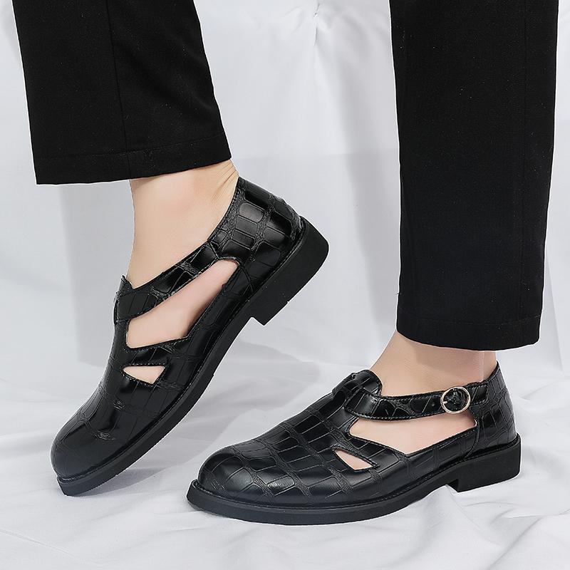Trend Nieuwe Rome Puntige Neus Casual Leer Geperforeerd Ademende Schoenen voor Mannen Designer Sandalen Bruidsjurk Formele Platte Schoenen
