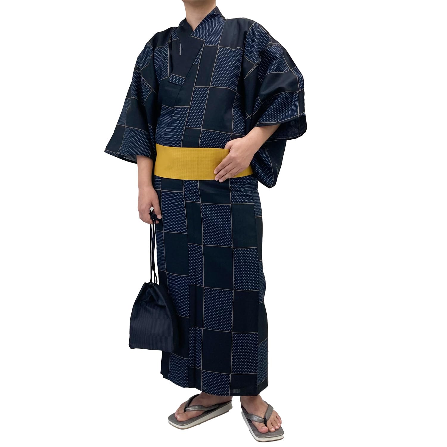 

Кимоно юката комплект из квадратной клетчатой ткани темно-синего цвета [Kyoto Yuzen] для мужчин 2, хлопок, оби с одним касанием, мужское кимоно, водопад, узор, черный, (Черный, Л)
