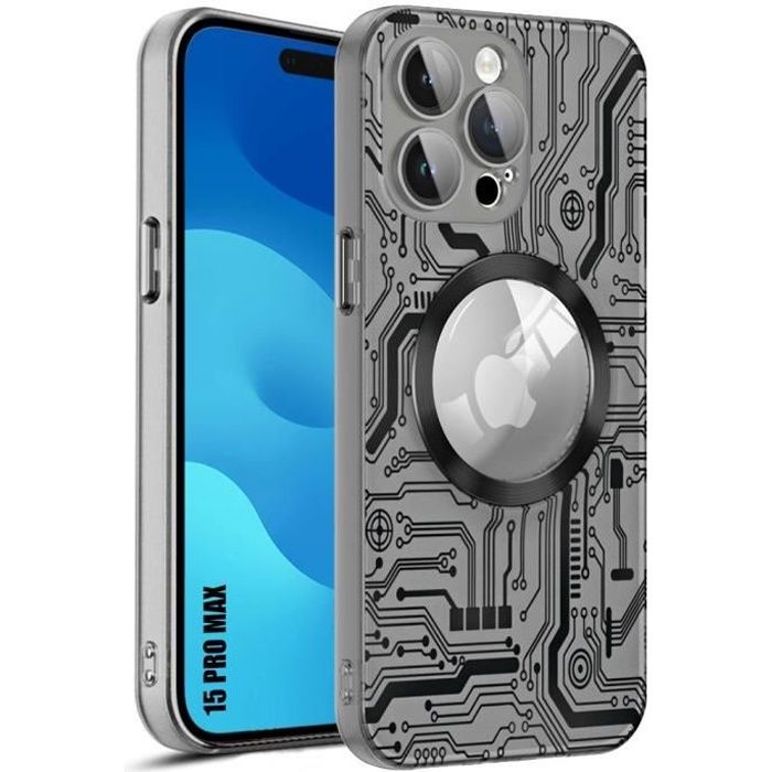 Coque pour iPhone 15 Pro Max avec Cercle Magnétique, Coque Rigide Antichoc Translucide Noir + Protection Caméra Verre Trempé