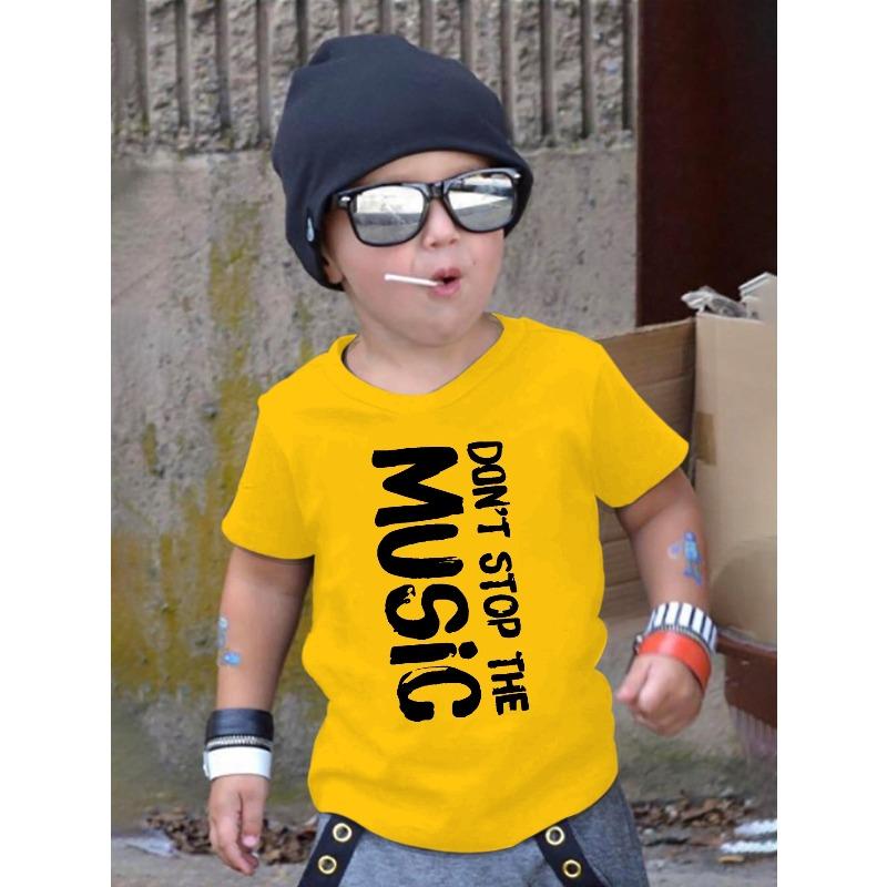 

European Size Boys Round-neck Short-sleeved T-shirt with English Music Pattern Print 164cm