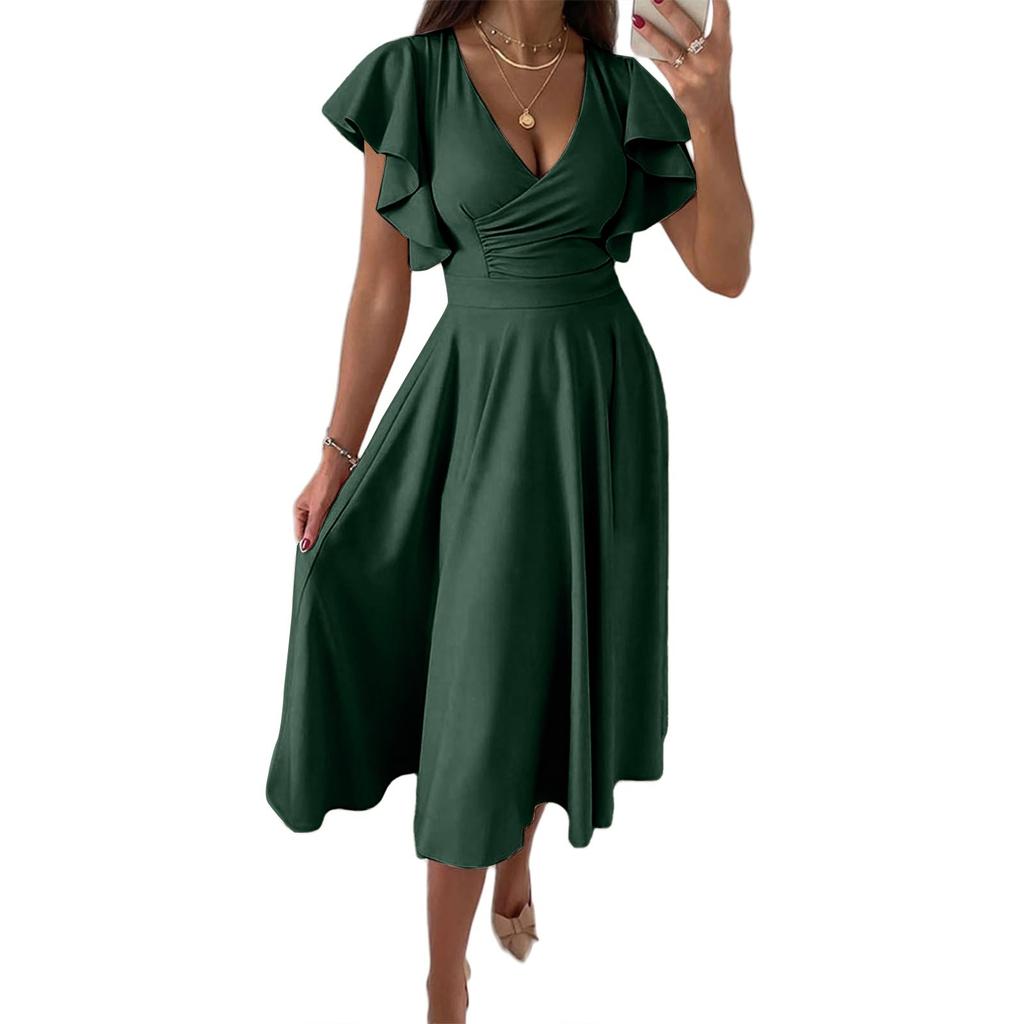 Fashion Ladies Ruffle Skirt Spring And Summer Low V-neck Waist Slim Sexy Dress