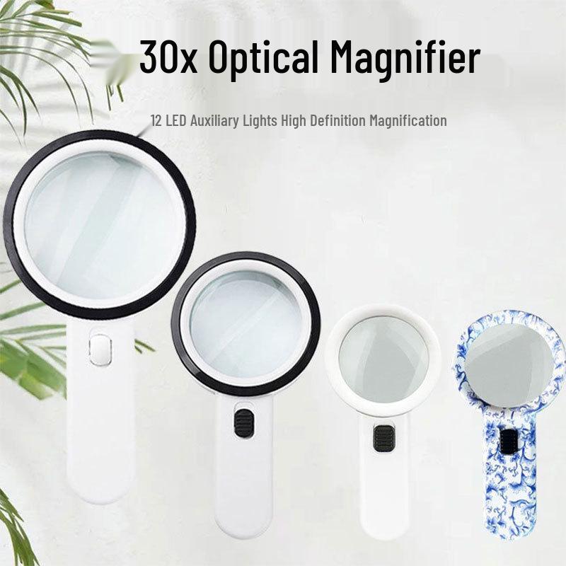30x Handheld Reading Magnifier with 12 LED Lights - High Magnification Double Lens for Elderly Use