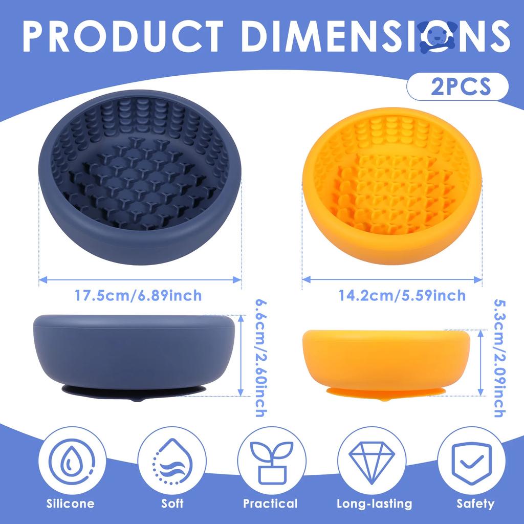 2Pcs Dog Lick Bowl Silicone Slow Feeder Dog Bowl with Suction Cup Base Anti Choking Pet Slow Licking Bowl Pet Supplies (S + L)
