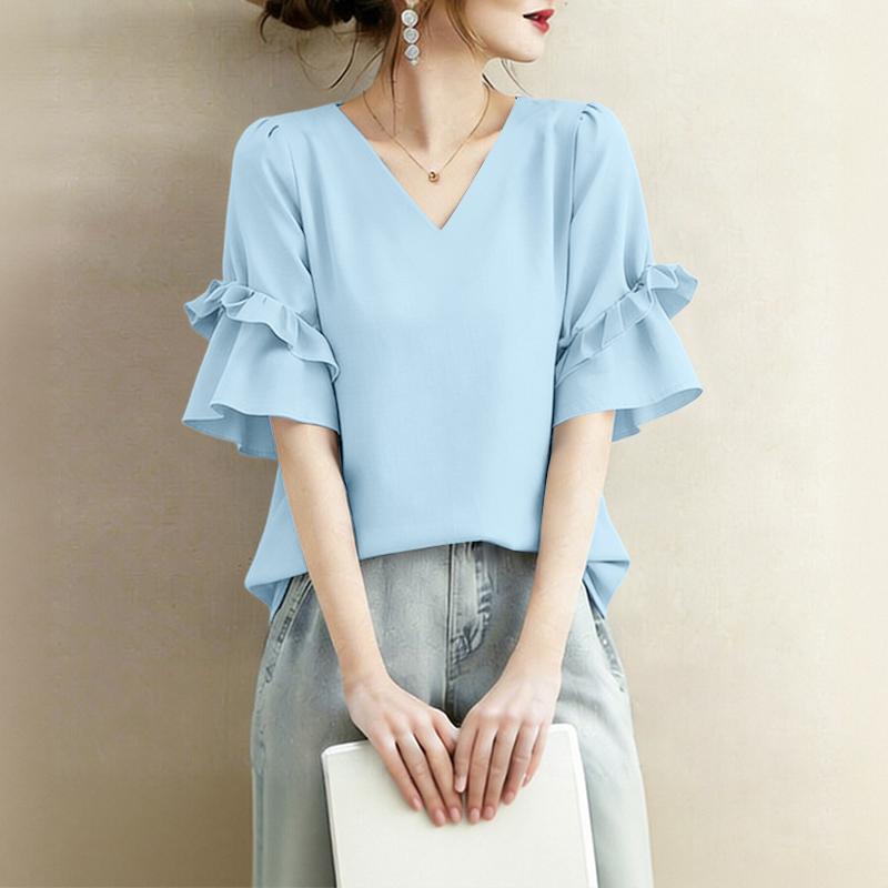 ZANZEA Women Casual V-Neck Solid Color Loose Half Sleeve Blouse S