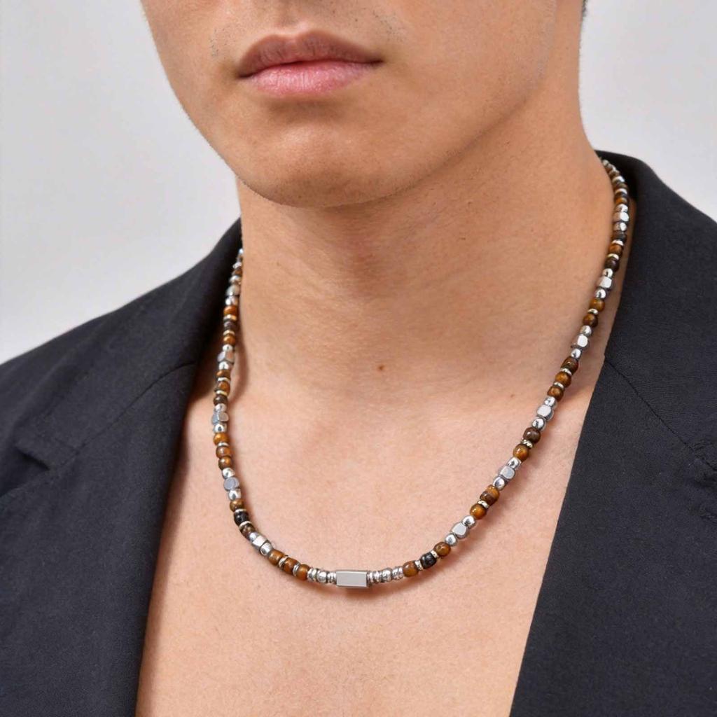 Vnox Stainless Steel Natural Stone Beaded Necklace for Men Women, Trendy Charm Choker, Bohemia 45-53cm Adjustable Length Jewelry