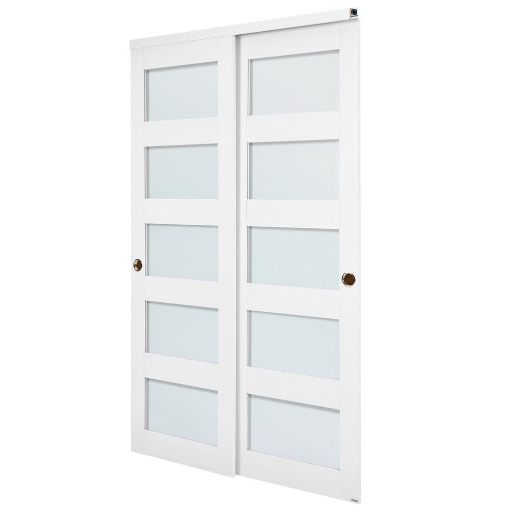 Sliding Closet Door, 1219mm (Double 635mm) x 2032 mm, 5-Lite Frosted Glass Bypass Sliding Doors with Hardware Kit, Solid Wood & MDF Slab with
