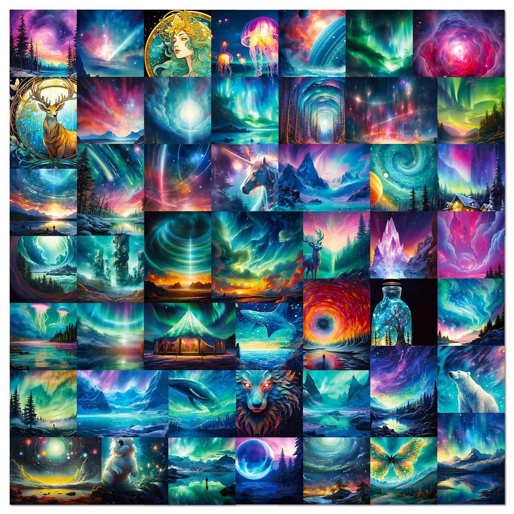 50 Sheets Of Aurora Scenery Personalized Diy Waterproof Suitcase Water Cup Notebook Self-Adhesive Decorative Stickers