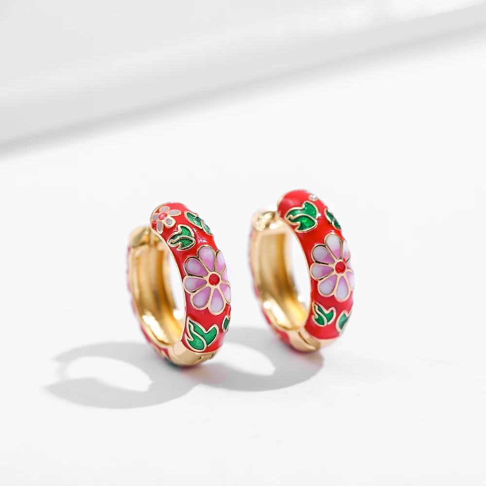 Vintage Multicolor Enamel Flower Round Hoop Earrings Boho Gold Color Circle Round Earrings Statement Jewelry Gifts for Women