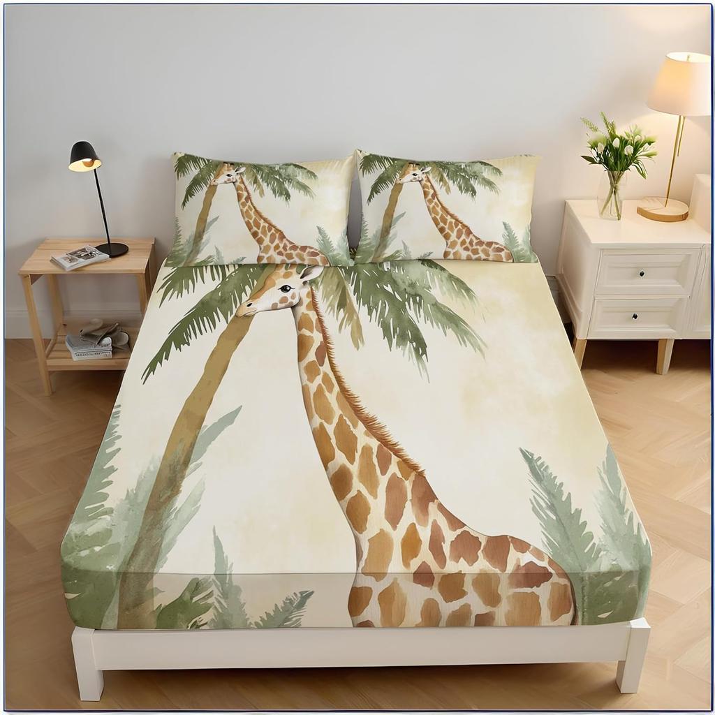 Giraffe Kids Fitted Sheet Single Size,Cute Giraffe Family Bed Cover with 1 Pillowcase 75*50,Cartoon Animal Theme Bedding Set