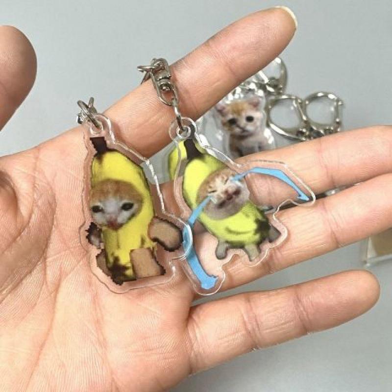 Banana Happy Cat Keychain Acrylic Funny Meme Keyring Backpack Hanging Pendant Mobile Phone Bag Charms Cute Keychain Accessories