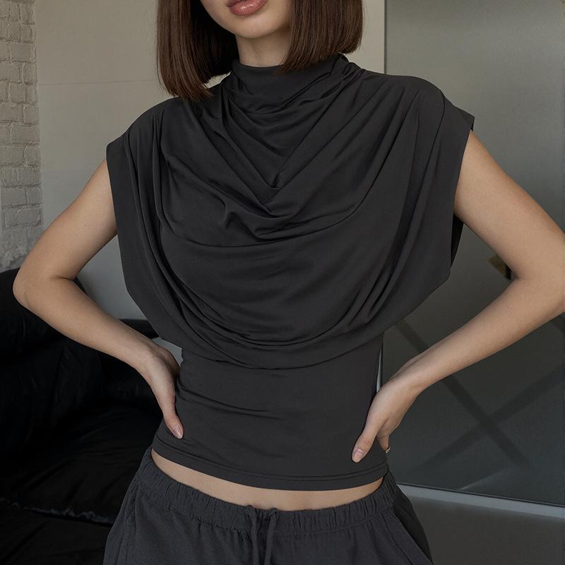 C25TP449 Women's Solid Color Sleeveless Slim Fit High Neck Draped Top