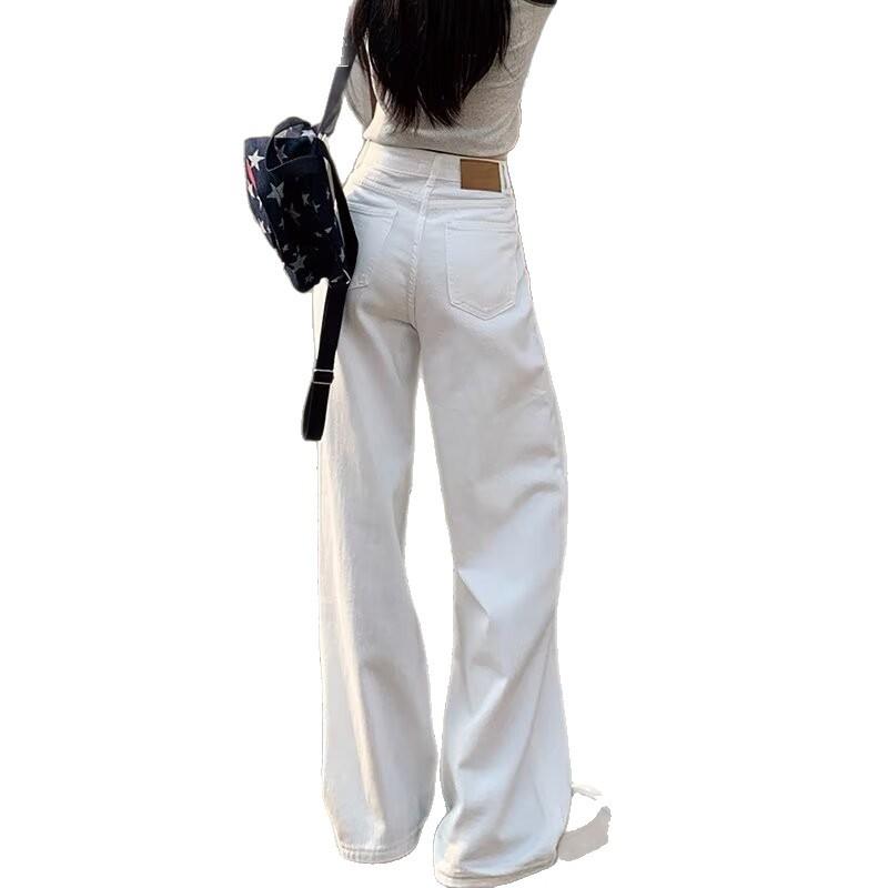 Women's High Rise Wide Leg Jeans Loose Straight Fit Streetwear Cotton Blend Solid White Denim Pants Summer Casual Long Trousers