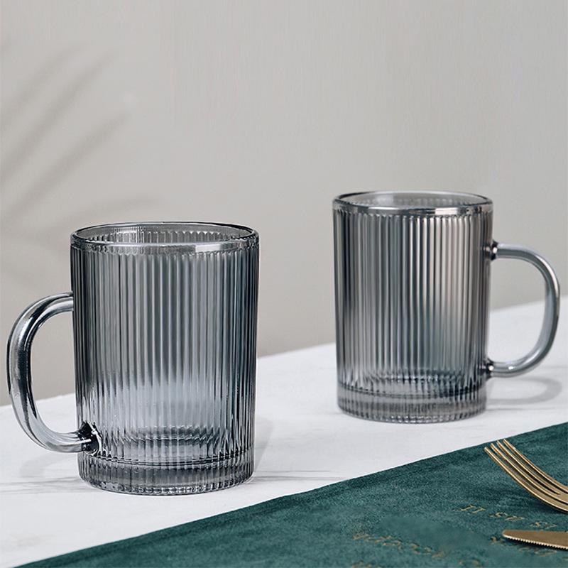 Thick Vertical Stripe Glass Cups with Handles - Set for Coffee, Juice, Water, and Milk