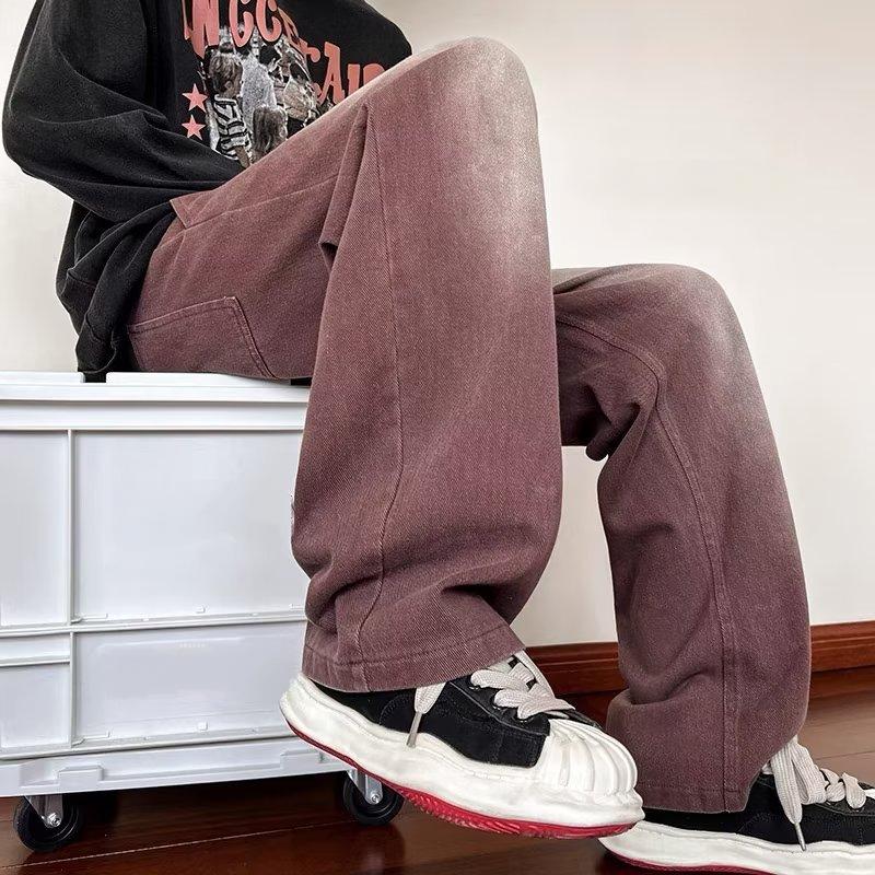 

Весенне-осенние новые модные однотонные повседневные джинсы в стиле ретро, ​​свободные прямые универсальные уличные брюки, мужские брюки для мытья полов