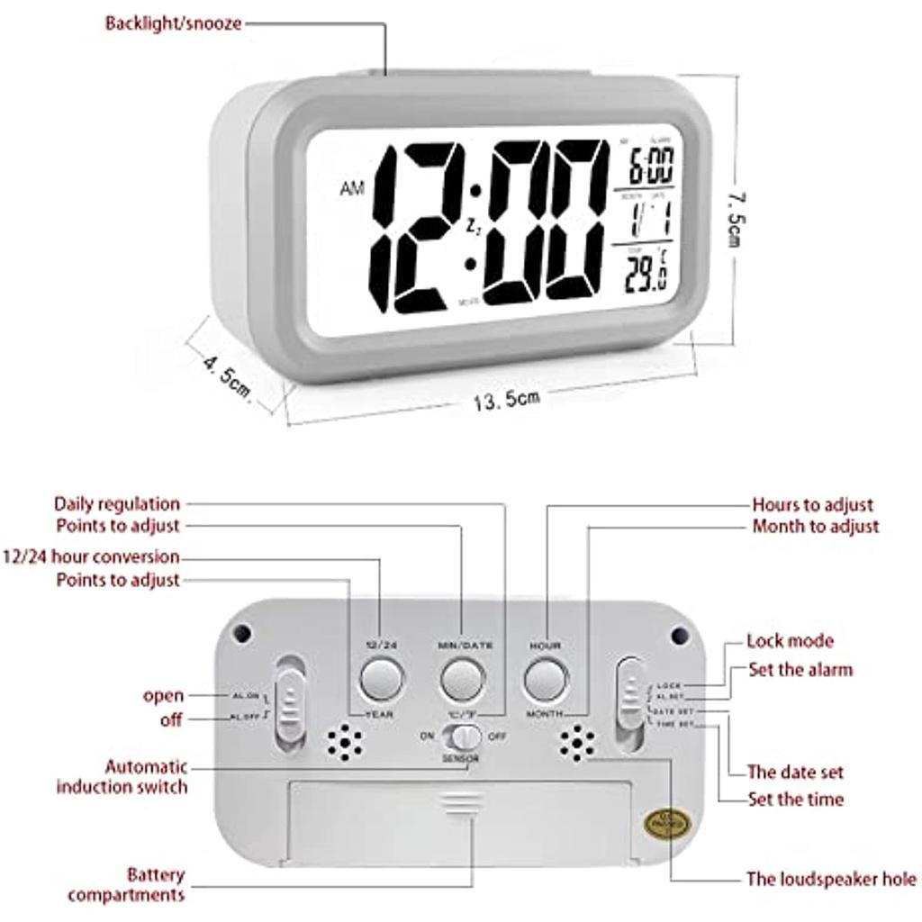 Batterie-Digitalwecker mit breiter LED-Anzeige und Temperatur, helle Nacht, Schlummerfunktion, System 12/24 Stunden, Datum, Kalender, für Schlafzimmer-Nachttisch