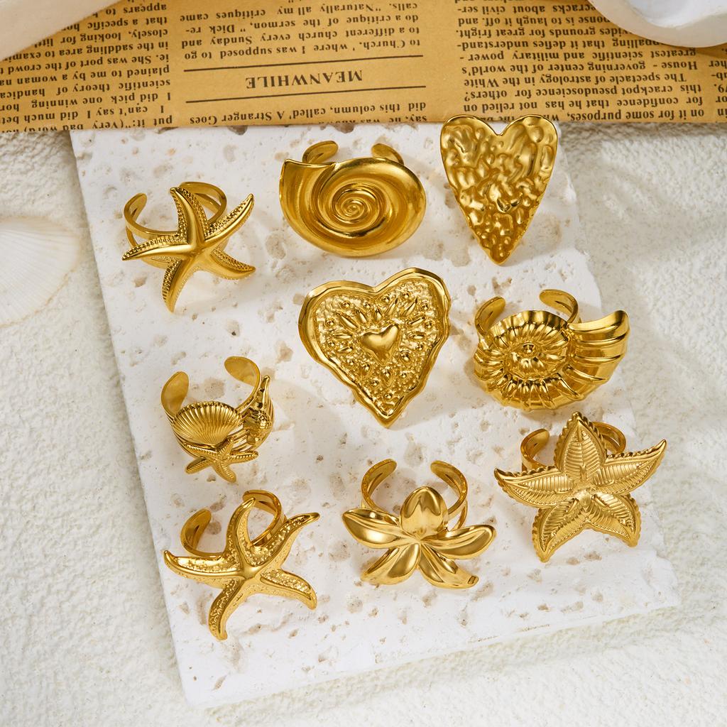 Exaggerated Geometric Heart Open Ring for Women Stainless Steel Gold Plated Starfish Conch Ring Summer Party Jewelry Gifts