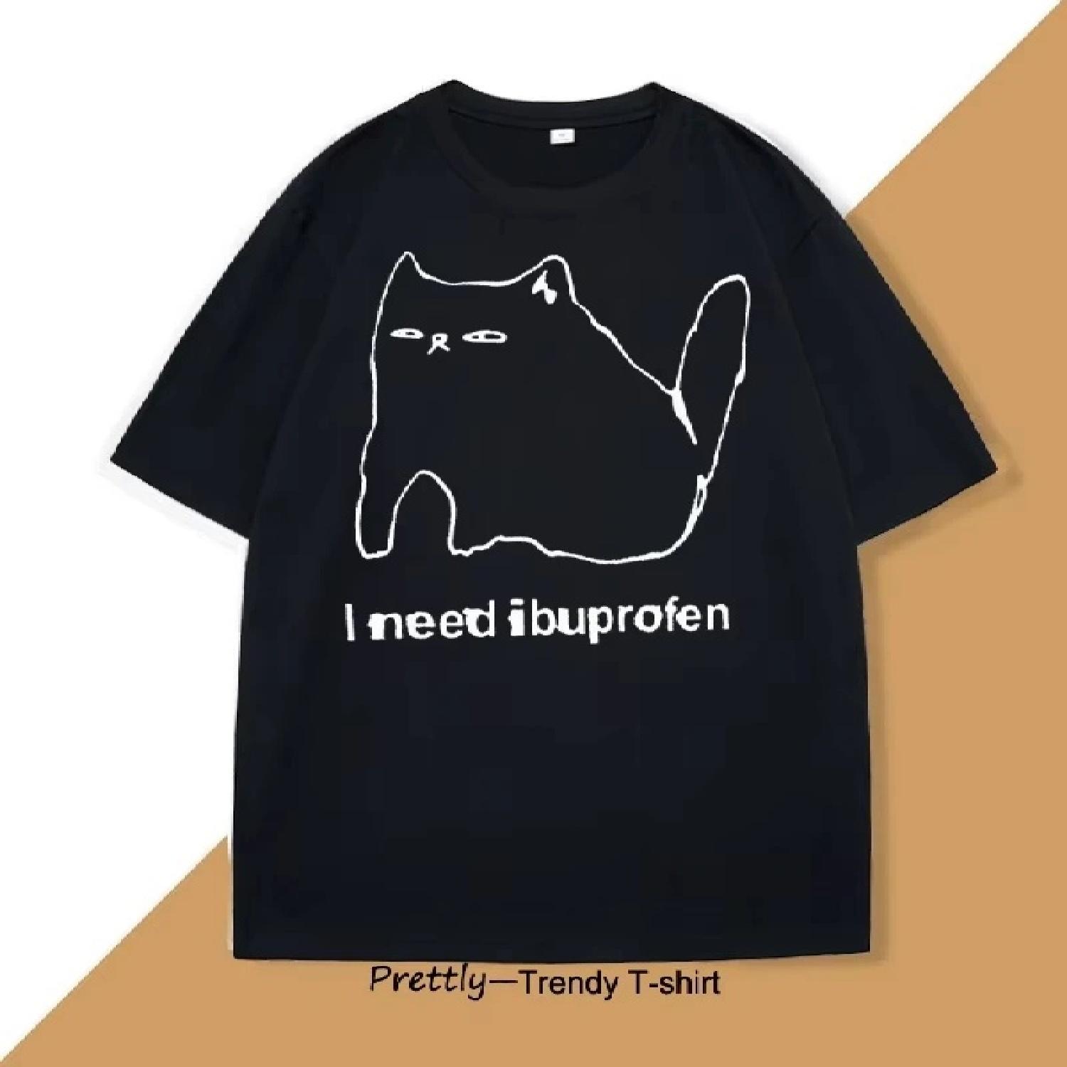 

I Need Ibuprofen Funny Cat T Shirt Cotton Short Sleeve Graphic T Shirts Casual Round Neck Streetwear Harajuku T-Shirt Unisex S чёрный