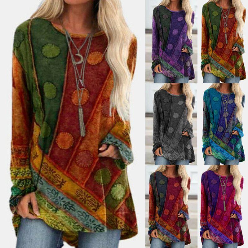 Plus Size Womens Hippie Boho Long Sleeve Tops With Soft Material And Floral Pattern