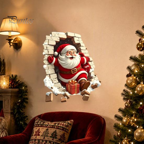 Santa Claus Decoration Decal Broken Wall Sticker, Christmas Decal, Seasonal Decorations Removable Mural for Living Room Bedroom Holiday Party
