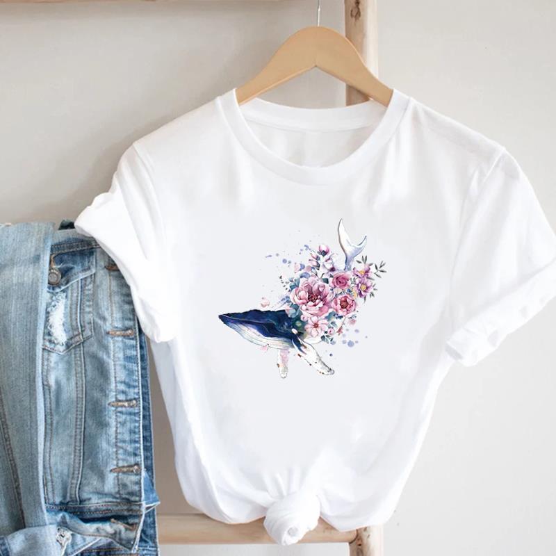 (European Size) Floral Lovely Clothing Casual Tee Bee Trend Cute Top Fashion T Shirt Short Sleeve Women Print Lady Female O-neck Graphic T-shirt