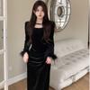 Early autumn black golden velvet dress, new women's clothing, spring and autumn high-end waist and long dress