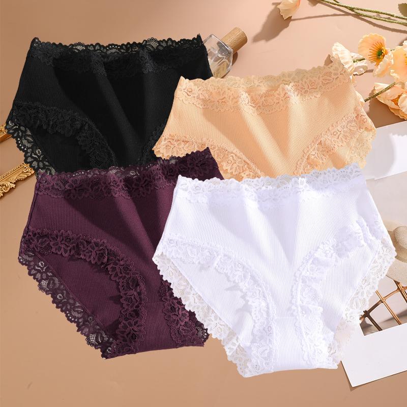 FINETOO 4PCS Sexy Lace Cotton Panties for Women Flroal Lace Seamless Briefs High Rise Lingerie Female Breathable Soft Underwear
