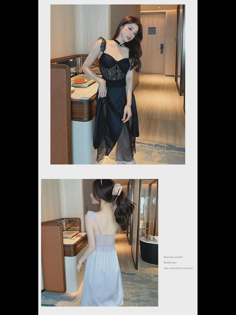 "Camisola de Noite Feminina de Renda de Seda Gelo com Busto Acolchoado - Sexy, Fina e Longa para Primavera e Outono"