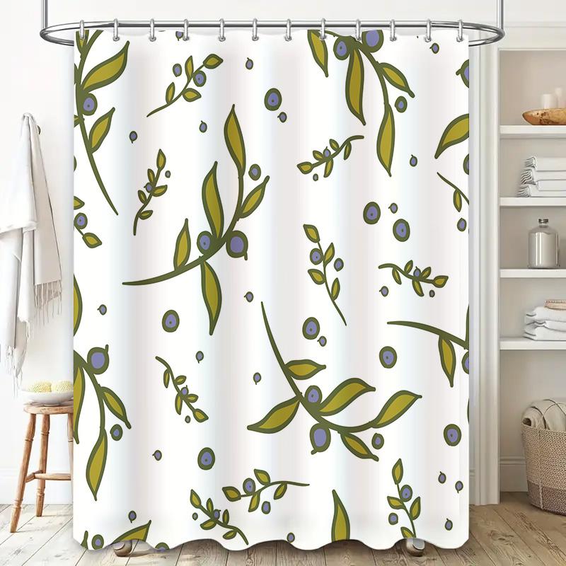 White Bath Shower Curtain with Green Olive Branches Decorative Pattern White Bathroom Accessories for Home Decoration (L) 70x180