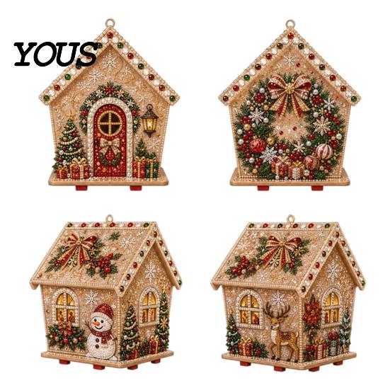 DIY Faux Pearl Bead Craft Set Christmas Art Ornament Kit, Wooden House Snowman Holiday Hanging Decoration Supplies Santa Reindeer Pattern, Handmade
