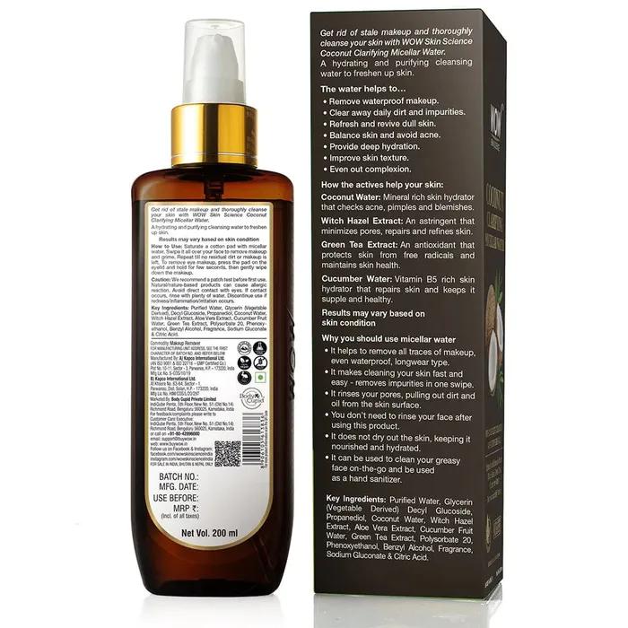 Wow Skin Science Coconut Clarifying Micellar Water für eine gründliche Reinigung und Make-up-Entfernung, 200 ml