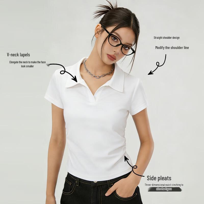 La Chapelle Women's Korean Style Polo Collar Pleated Short Sleeve T-Shirt