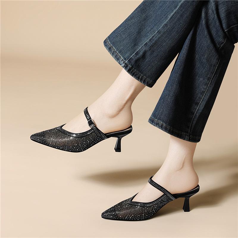Mary Jane semi-drag sandals breathable mesh casual early spring single shoes light luxury rhinestone pointed stiletto high heels