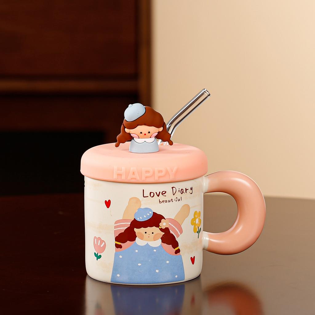 Öffnendes kleines Geschenk Paar Wasserbecher mit Deckel Hochwertiger Strohbecher Große Kapazität Keramiktasse für Mädchen Paar Tasse