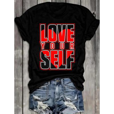Women's Love Yourself Tee 180GSM 100% T-Shirt - Self-Love Positive Affirmation Casual Round Neck Short Sleeve Top, Black Casual Attire