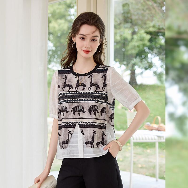 Women s Retro Print Faux Two-Piece Short Sleeve Top XL