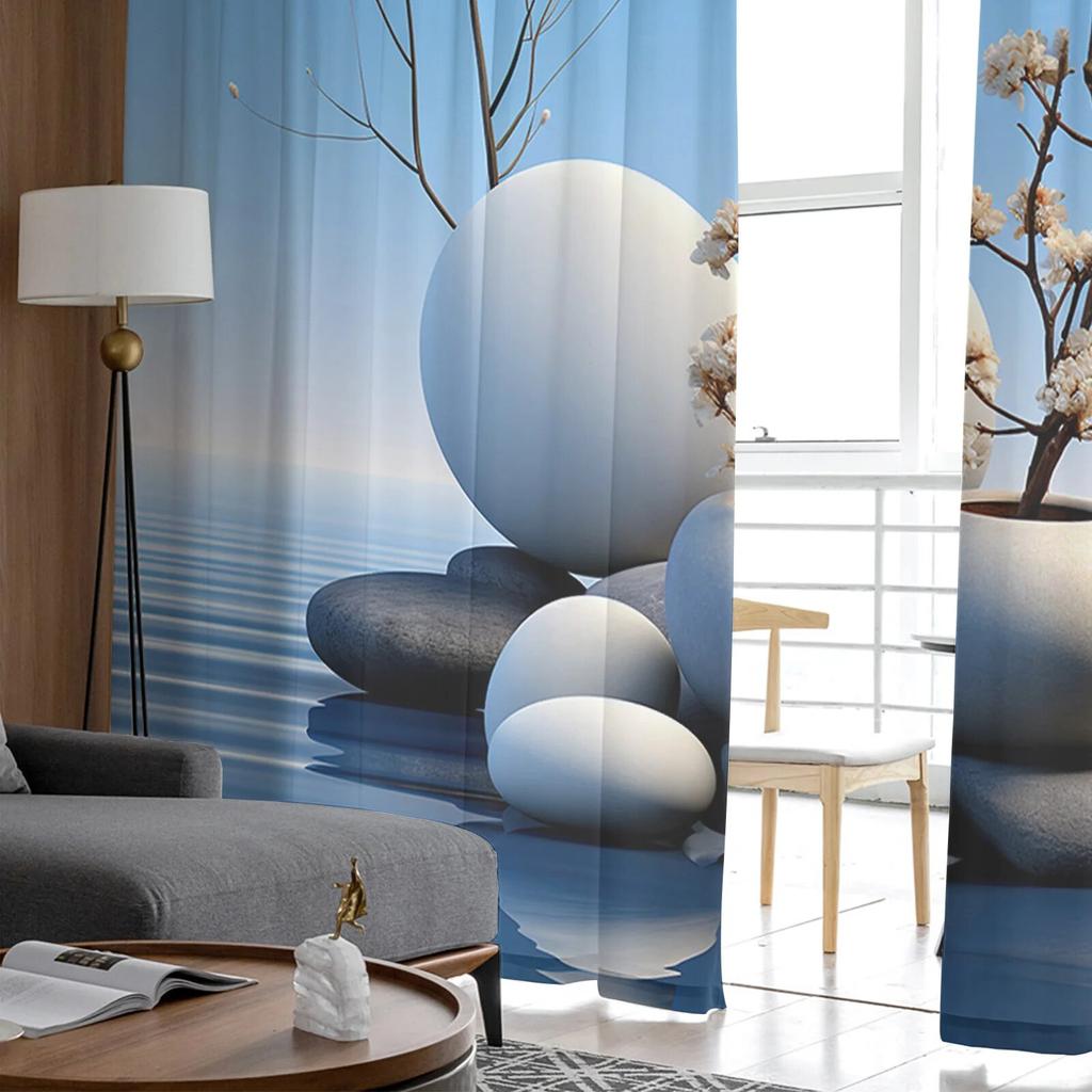Zen Stones Branch Flower Window Tulle Curtains For Living Room Kitchen Christmas Home Decor Sheer Voile Curtains